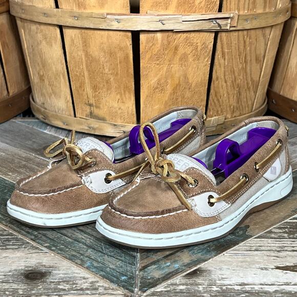 Sperry Angelfish Tan Gold Leather Canvas Lace-Up Boat Shoes Womens Size 5 - Picture 3 of 11